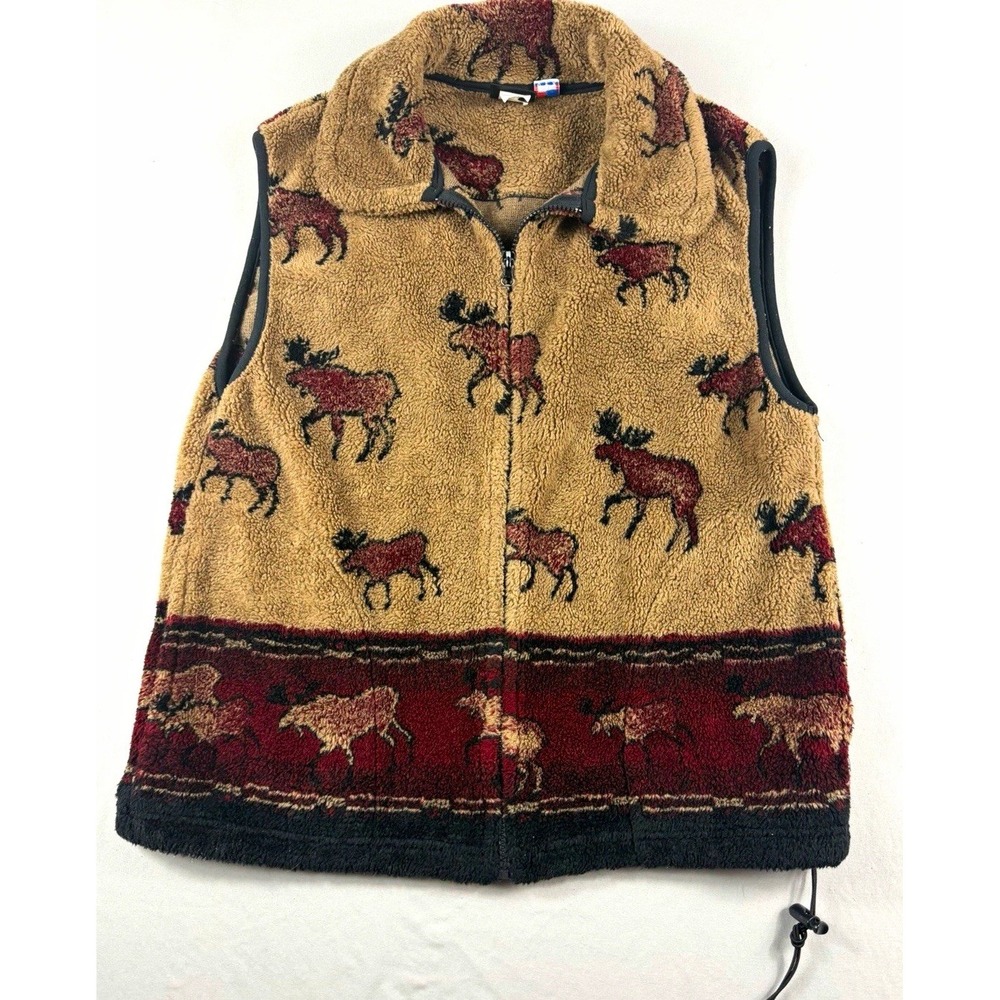 vtg Mazmania fuzzy full zip up vest, moose aop, men's large
